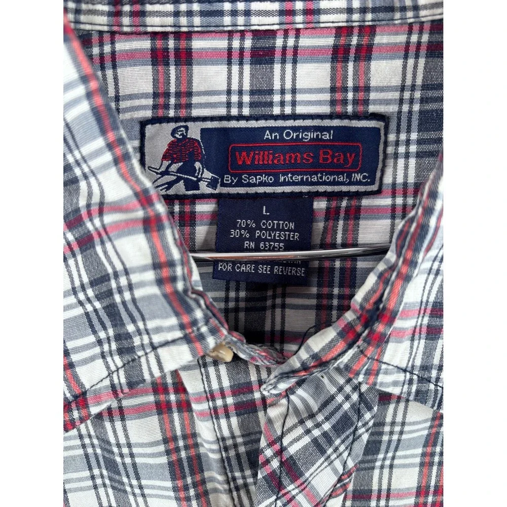Williams Bay Mens Western Pearl Snap Shirt Plaid Short Sleeve Navy Red White L